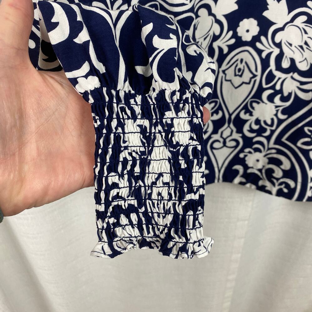 Boden Navy Blue Floral Paisley Long Sleeve Smocked Cuff Blouse Sz.6 NWT - Picture 11 of 16